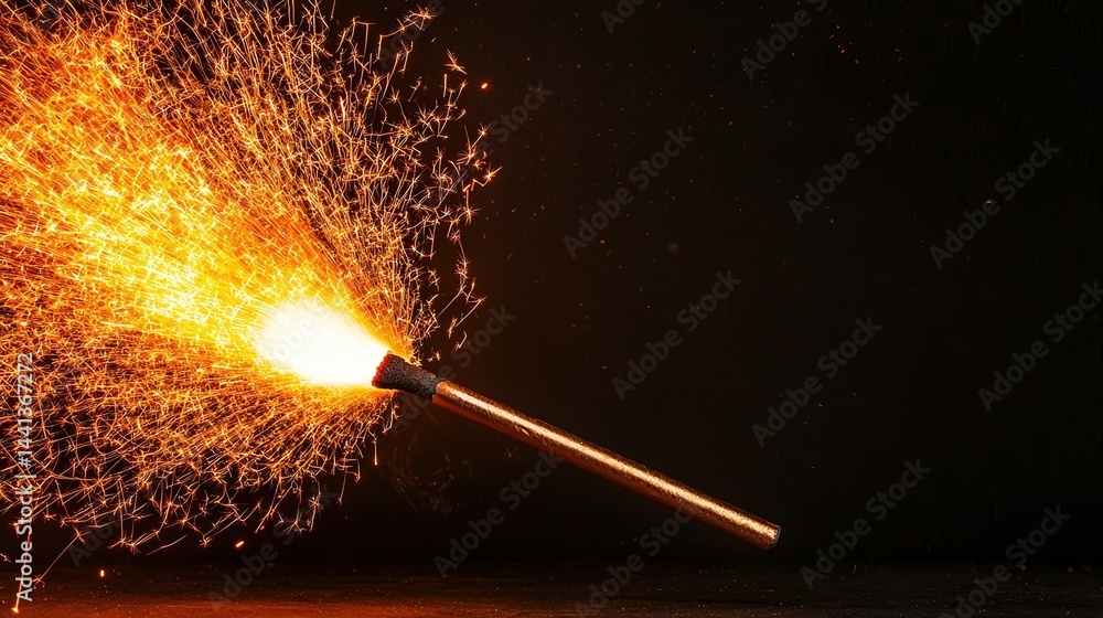 Poster a handheld sparkler emits bright orange sparks against a dark background, creating a festive and dyn
