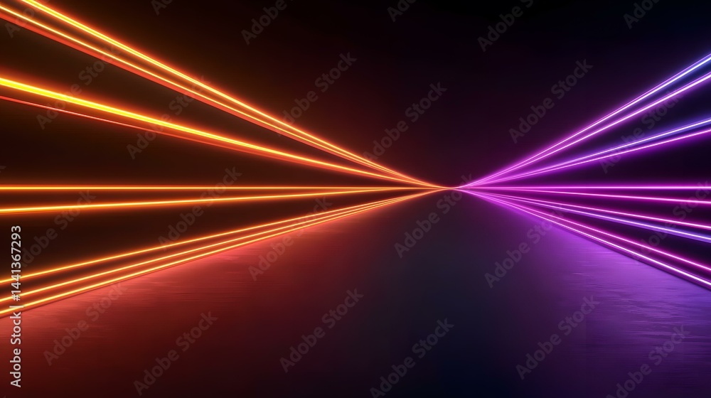 Poster the image contains vibrant neon lines of orange and purple converging at a vanishing point in the ce
