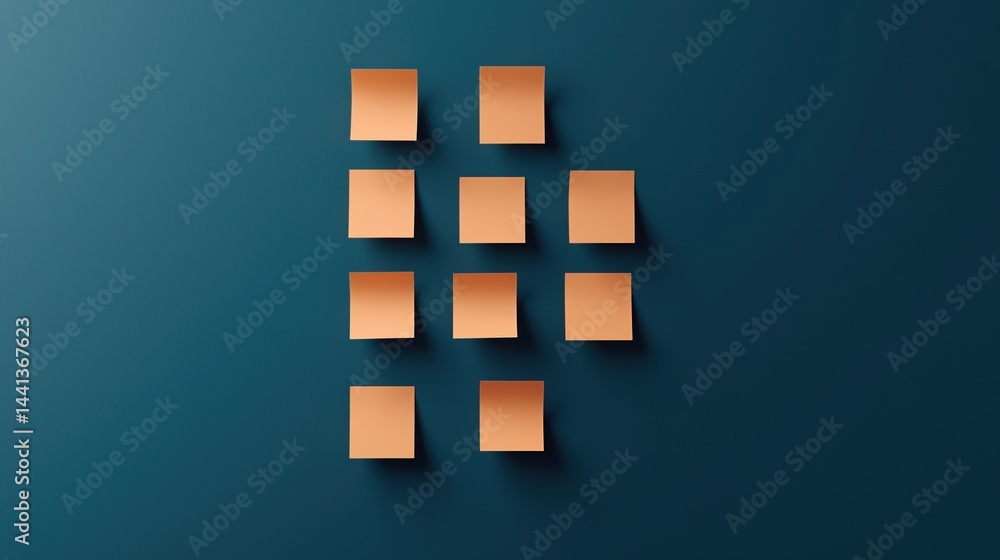 Poster nine orange sticky notes arranged in a grid on a dark teal background, with the top two corners curl