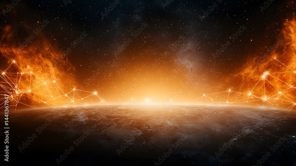 Poster the image shows a stylized depiction of earth from space, bathed in warm orange and fiery hues, with