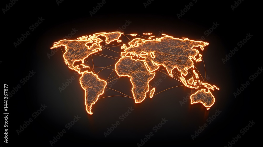 Poster an orange glowing world map with interconnected lines illustrating global communication networks.