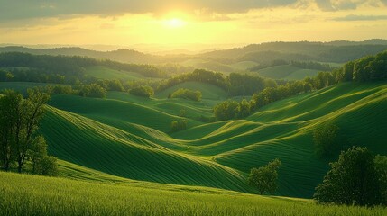 Fototapeta premium Expansive Green Hills Under Golden Sunrise in Rural Landscape Reflecting Organic Farming and Natural Beauty