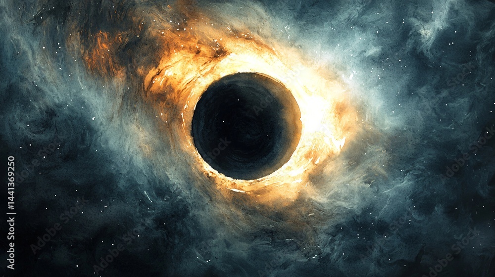 Poster a mysterious black hole at the center of a colorful nebula with light bending around it creating a c