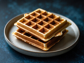 Two golden waffles are stacked on a round, textured plate against a dark blue background.