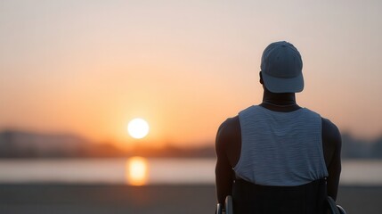 Person in wheelchair contemplates sunrise at tranquil shoreline.