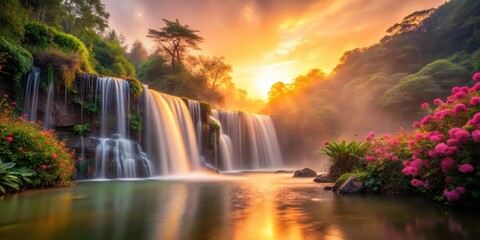 Obraz premium Serene Waterfall Cascading into a Golden Pond at Sunrise, Surrounded by Lush Greenery and Vibrant Blossoms