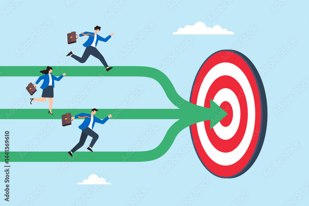 Poster flat illustration of business team running on different paths merging into one arrow toward target t