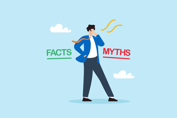 Flat illustration of businessman choosing between facts and myths to make critical decisions and avoid fake news
