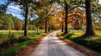 Obraz premium Autumnal country road lined with colorful trees leading through a pastoral landscape. Possible use nature photography stock image