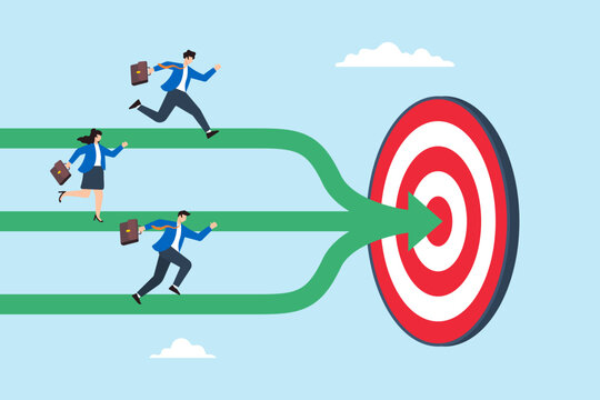 Flat illustration of business team running on different paths merging into one arrow toward target to align goals and achieve success
