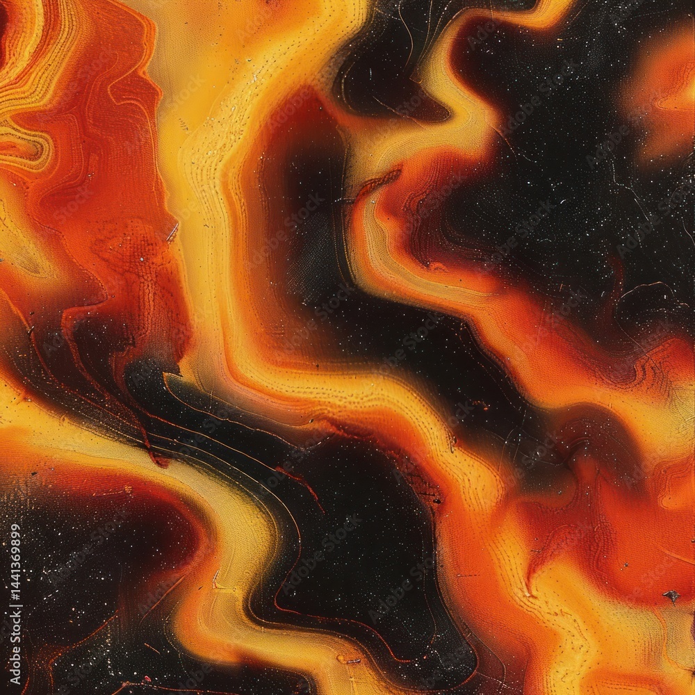 Poster abstract flowing pattern with swirling orange, yellow, and black colors creating a dynamic and fiery