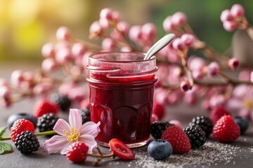 Delicious berry jam in a glass jar surrounded by fresh fruit.