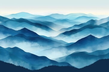 Obraz premium Peaceful layered blue mountain ranges with soft morning mist under a pale sky, creating a calm and serene atmosphere