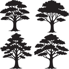 Set of Four Vector Silhouettes of Mature Broadleaf Deciduous Trees with Dense Foliage