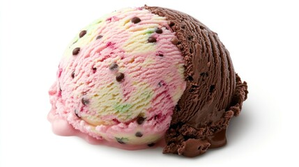 Two-scoop ice cream sundae, one half pink and the other half dark chocolate, topped with chocolate chips. Melted edges