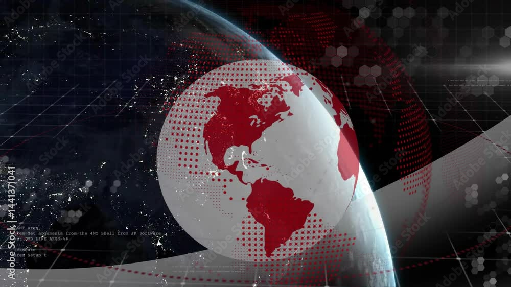 Poster semi-transparent globe rotating in tech grid scene, highlighting red continents and hex patterns
