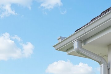 Exterior view of a house's light gray gutters and roofline against a bright sky.