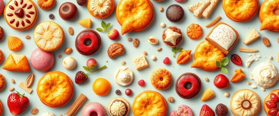 Vibrant vector seamless pattern of assorted pastries, sweets, and baking ingredients, seamless, pastries