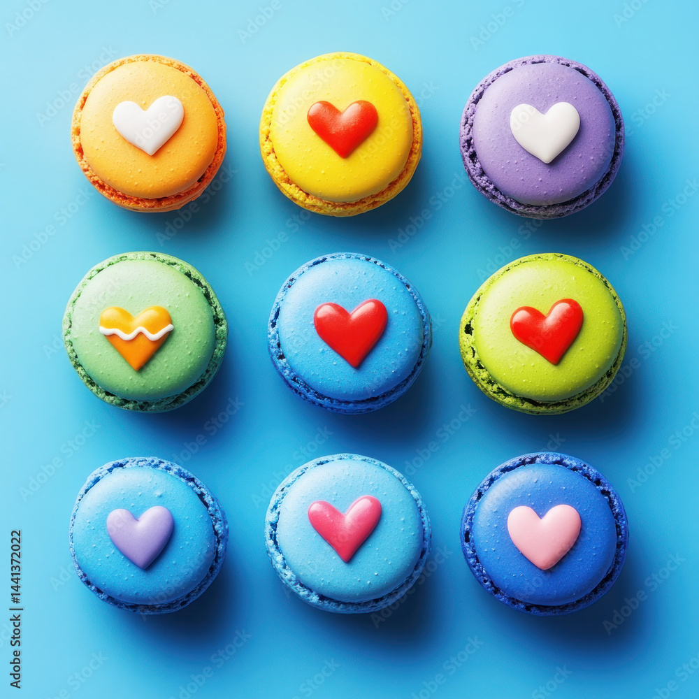 Poster a row of colorful macaroons with hearts on them. the macaroons are arranged in a row and are of diff
