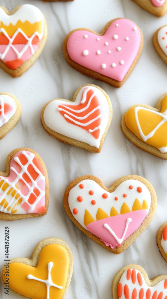 Poster a close up of a tray of heart shaped cookies with pink icing. the cookies are arranged in a row and 