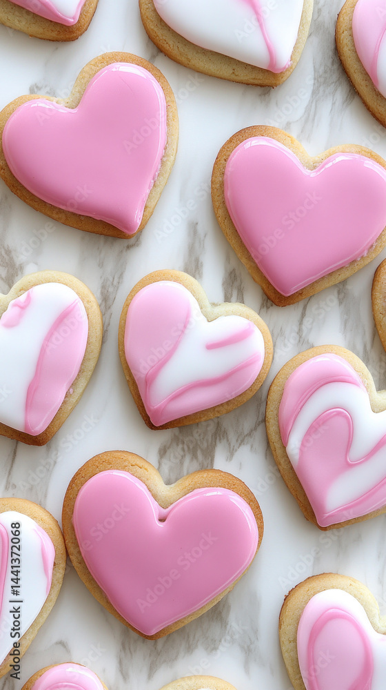 Poster a close up of a dozen heart shaped cookies with pink icing. the cookies are arranged in a row on a m