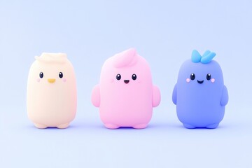 Three adorable, cartoonish, pastel-colored creatures stand against a light blue backdrop.