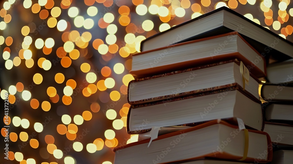 Aufkleber thoughtfully arranged stack of books displayed elegantly on a table in a cozy reading nook surrounde