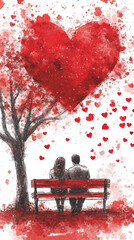 A couple is sitting on a bench in front of a tree with a heart on it. The heart is surrounded by many other hearts, creating a romantic and peaceful atmosphere