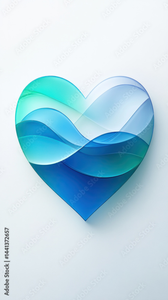 Poster a heart made of paper with blue and green waves. the heart is a creative and unique design, made by 