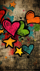 A colorful painting of hearts and stars on a wall. The painting is full of vibrant colors and has a playful, whimsical feel to it. The hearts and stars are scattered throughout the painting