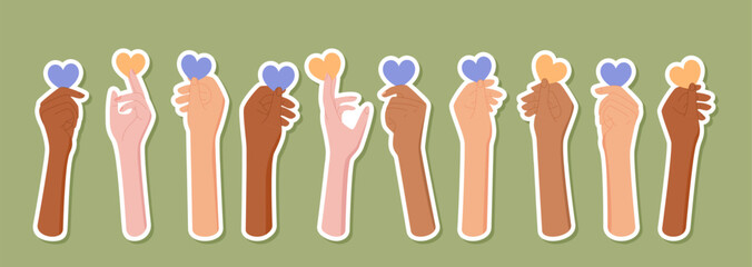 Flat colorful set of diverse bare hands hold heart shapes in unified gesture sticker. Multicultural arms with stickers symbolize hope and love across people. Background art inspires solidarity.