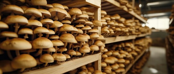 Rows of mushrooms growing in wooden shelves, earthy tones, indoor cultivation