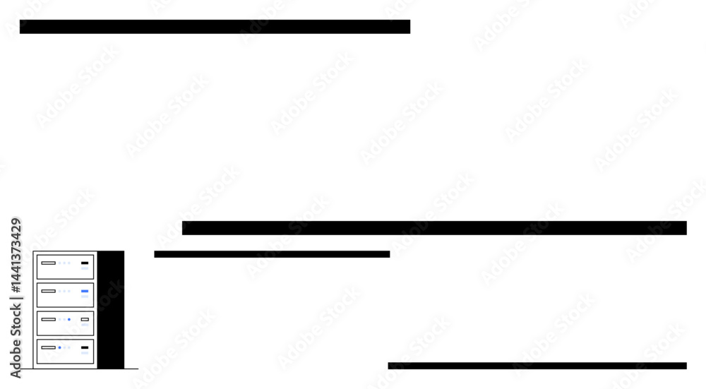 Poster stack of drawers resembling a server rack on the left side, surrounded by abstract horizontal black 