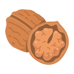 Walnut vector flat icon. Cartoon illustration of whole nut in shell and kernel.
