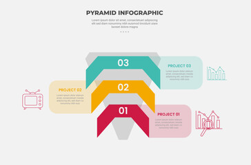 pyramid or triangle shape infographic outline style with 3 point template with reverse pyramid and ribbon badge with box container opposite direction for slide presentation