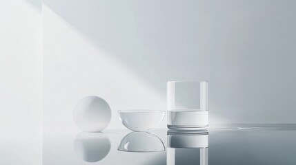 Minimalist, clean, white aesthetic with geometric shapes and a glass of water