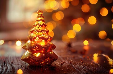 glowing small decorative christmas tree with warm golden bokeh lights on wooden surface evoking festive and cozy atmosphere