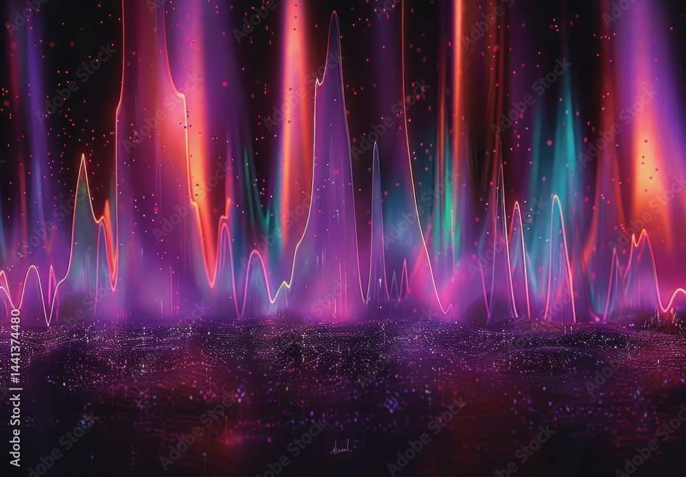 Poster vibrant abstract display of colorful vertical light waves and glowing particles creating a dynamic a