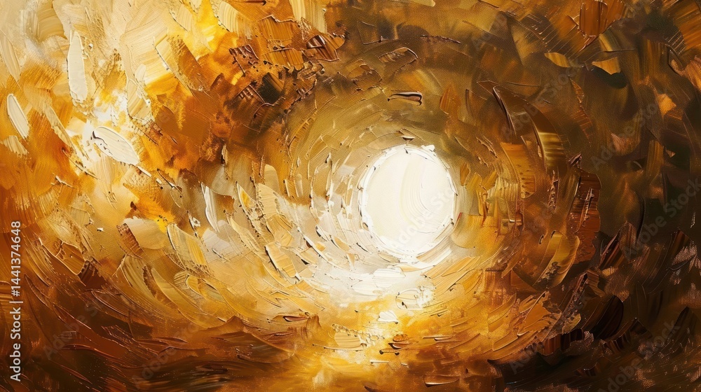 Poster abstract swirling pattern with warm golden and brown tones surrounding a bright white circular cente
