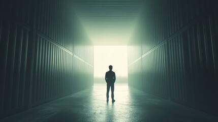 Person Standing in Container with Bright Light at the End of an Alleyway