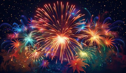 Fototapeta premium Colorful fireworks bursting in the night sky with vibrant trails and glowing sparks creating a festive and celebratory atmosphere
