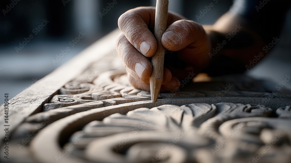 Aufkleber close-up view of a craftsman carving intricate patterns.