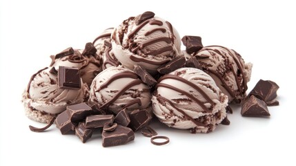 Chocolate ice cream scoops piled high with dark chocolate pieces