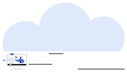 Desktop monitor with charts and analytics beside large cloud. Ideal for cloud technology, data storage, analytics, computing, IT solutions, business growth, innovation. Flat simple metaphor