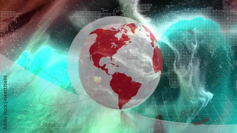 Poster translucent 3d globe rotating in abstract data scene, showing red continents and swirling mist