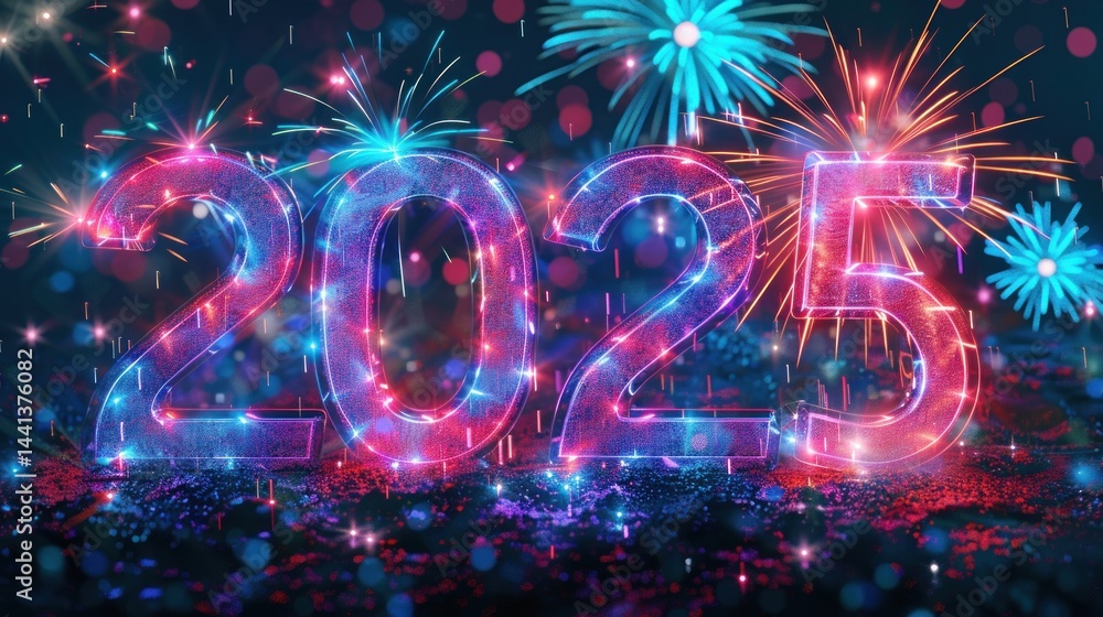 Poster bright glowing numbers 2025 with colorful fireworks exploding in the background creating a festive a