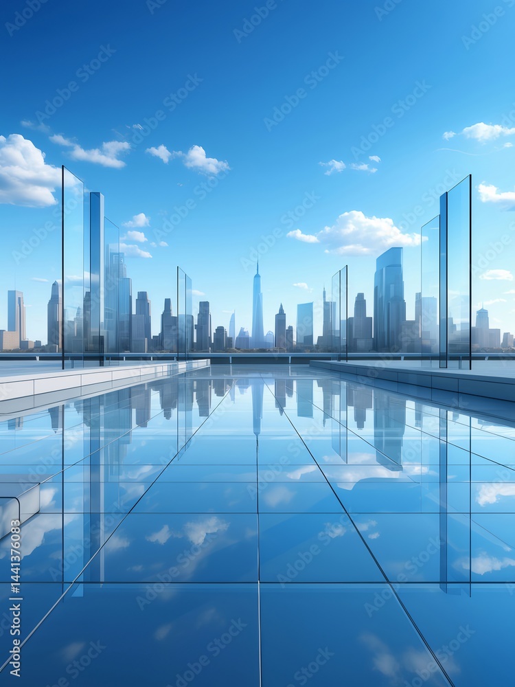 Aufkleber 透き通ったガラスの都市景観 水面反射と晴天の青い空と未来的な構造