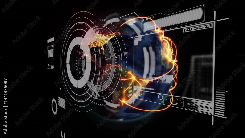 Poster animated 3d earth globe rotating in scene, glowing with orange network lines and hud elements
