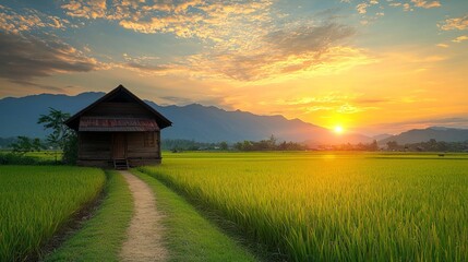 Scenic Rural Landscape with a House Surrounded by Lush Green Fields at Sunset in a Sustainable Economy Context