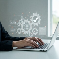 Person using a laptop with a holographic interface displaying gears and a checklist, suitable for illustrating automation, efficiency, and quality control.